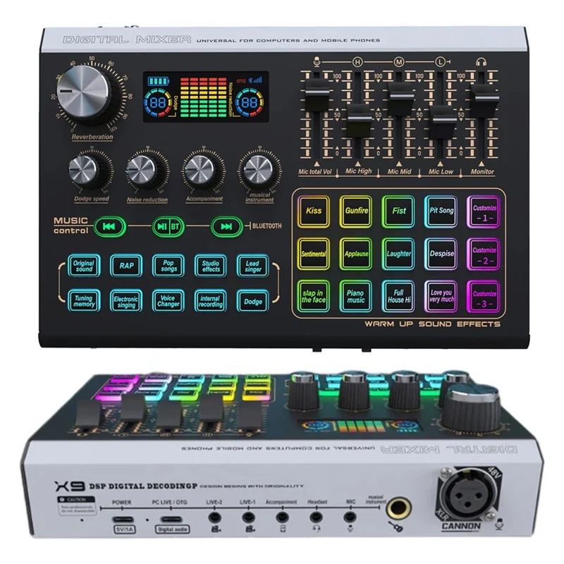 Mezclador de audio compatible con Bluetooth X9 con alimentación fantasma XLR de 48V Tarjeta de sonido USB de 4 canales Cambiador de voz