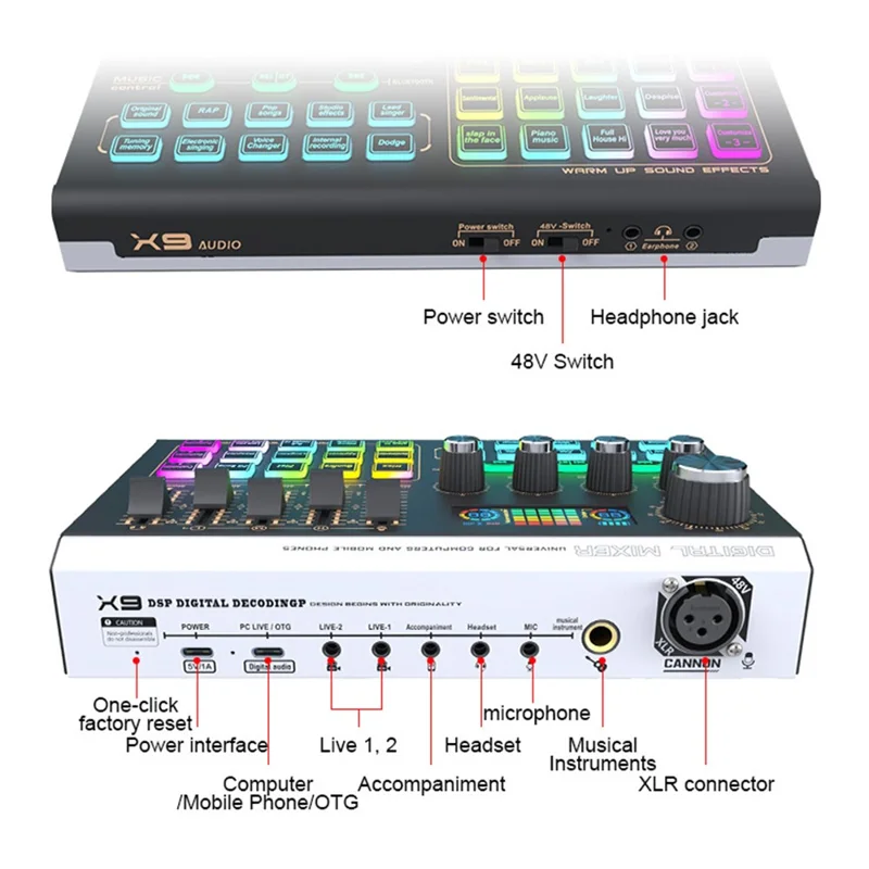Mezclador de audio compatible con Bluetooth X9 con alimentación fantasma XLR de 48V Tarjeta de sonido USB de 4 canales Cambiador de voz