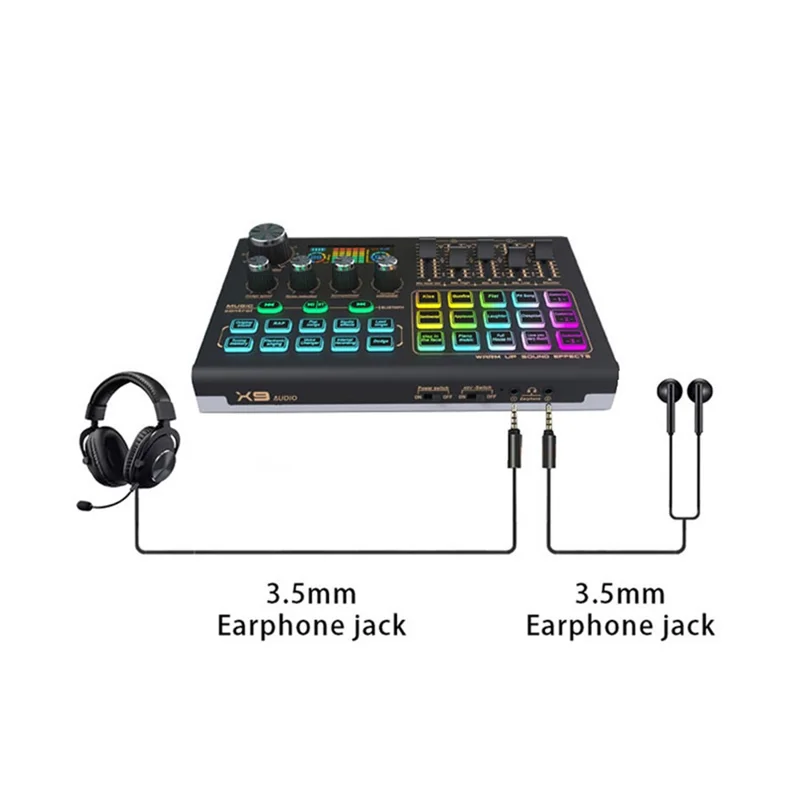 Mezclador de audio compatible con Bluetooth X9 con alimentación fantasma XLR de 48V Tarjeta de sonido USB de 4 canales Cambiador de voz