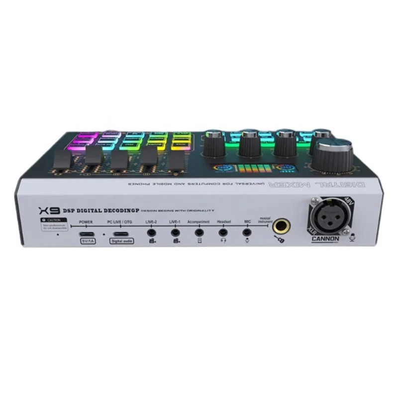 Mezclador de audio compatible con Bluetooth X9 con alimentación fantasma XLR de 48V Tarjeta de sonido USB de 4 canales Cambiador de voz