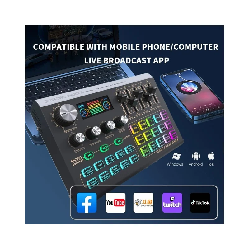 Mezclador de audio compatible con Bluetooth X9 con alimentación fantasma XLR de 48V Tarjeta de sonido USB de 4 canales Cambiador de voz