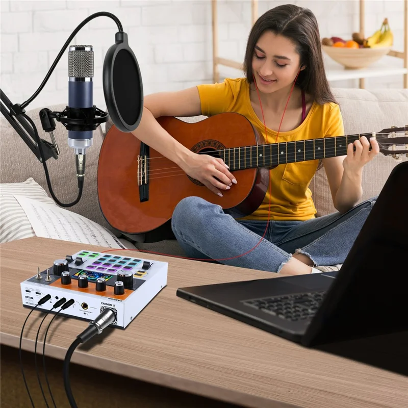 C200 Audiomischpult Soundkarte Bluetooth-kompatibel Einstellbarer Mischpult für Live-Streaming / Gesang - Weiß
