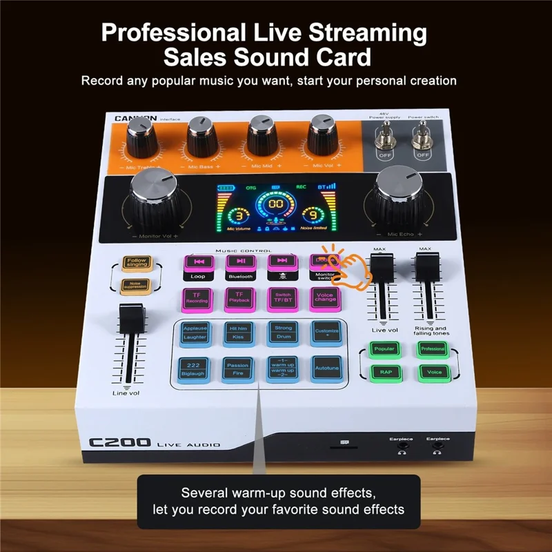 C200 Audio Mixer Sound Card Bluetooth-compatible Adjustable Mixing Console for Live Streaming  /  Singing - Black