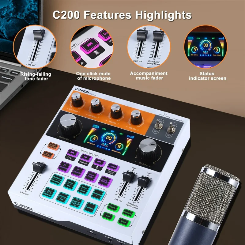 C200 Audio Mixer Sound Card Bluetooth-compatible Adjustable Mixing Console for Live Streaming  /  Singing - Black