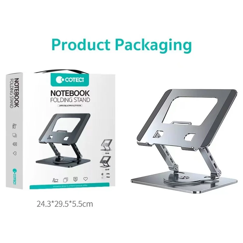 Soporte plegable para portátil COTECI BS-007 de aluminio, giratorio 360 grados, ajustable para tabletas - Plateado