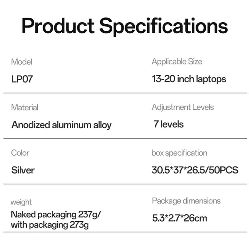 YESIDO LP07 لحامل أجهزة الكمبيوتر المحمولة من 13 إلى 20 بوصة، حامل قابل للتعديل في الارتفاع مصنوع من سبائك الألومنيوم