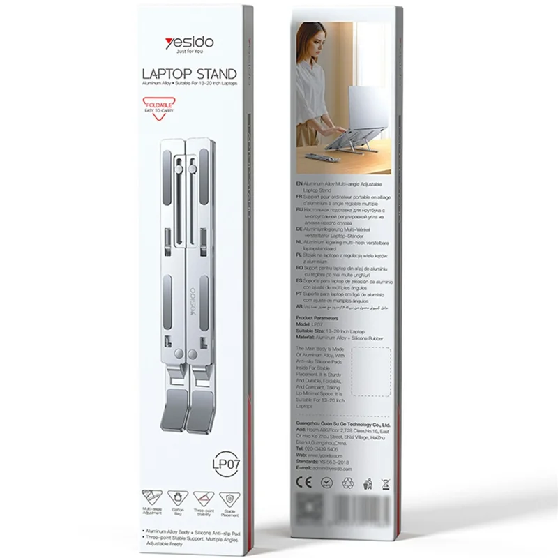 YESIDO LP07 لحامل أجهزة الكمبيوتر المحمولة من 13 إلى 20 بوصة، حامل قابل للتعديل في الارتفاع مصنوع من سبائك الألومنيوم