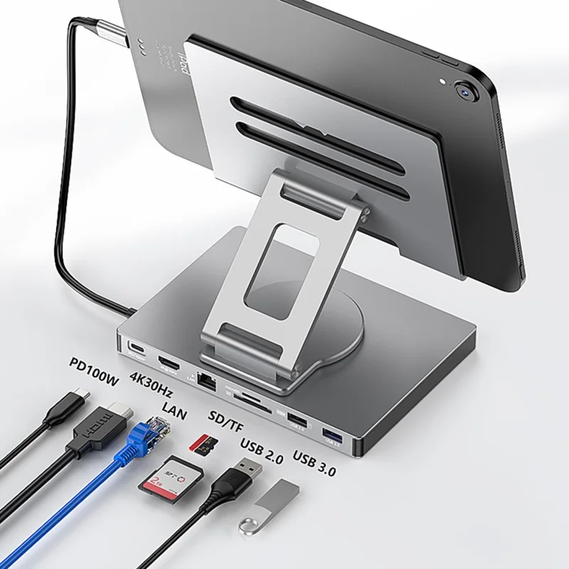 BLUEENDLESS ST706A 7 in 1 Type-C Hub with 360 Degree Rotating Adjustable Tablet Stand Holder - Grey