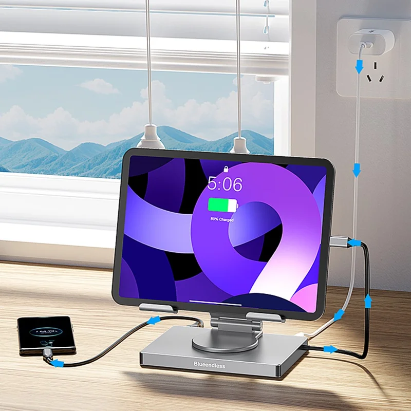 BLUEENDLESS ST706A 7 in 1 Type-C Hub with 360 Degree Rotating Adjustable Tablet Stand Holder - Grey