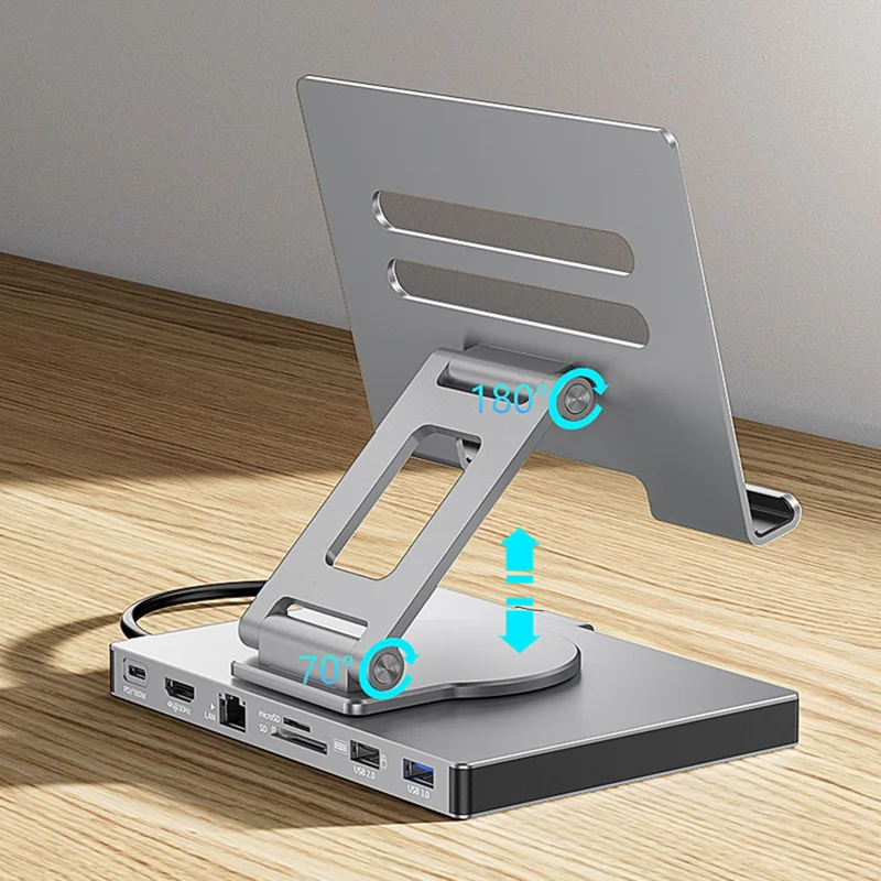 BLUEENDLESS ST706A 7 in 1 Type-C Hub with 360 Degree Rotating Adjustable Tablet Stand Holder - Grey