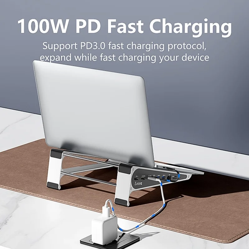 BLUEENDLESS ST809 8-in-1 Laptopstand Type-C Hub met DP 1.2 + RJ45 + 4K 60Hz HD + PD 100W + 2 USB 3.0 + TF-kaartlezer - Zilvergrijs