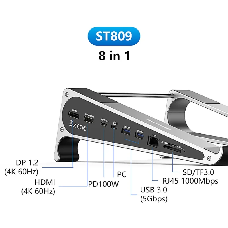 BLUEENDLESS ST809 8-in-1 Laptopstand Type-C Hub met DP 1.2 + RJ45 + 4K 60Hz HD + PD 100W + 2 USB 3.0 + TF-kaartlezer - Zilvergrijs