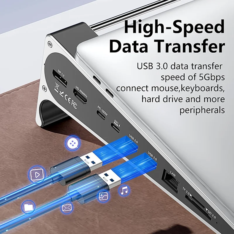 BLUEENDLESS ST809 8-in-1 Laptopstand Type-C Hub met DP 1.2 + RJ45 + 4K 60Hz HD + PD 100W + 2 USB 3.0 + TF-kaartlezer - Zilvergrijs