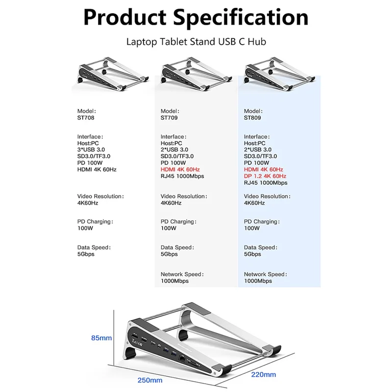 BLUEENDLESS ST809 8-in-1 Laptopstand Type-C Hub met DP 1.2 + RJ45 + 4K 60Hz HD + PD 100W + 2 USB 3.0 + TF-kaartlezer - Zilvergrijs