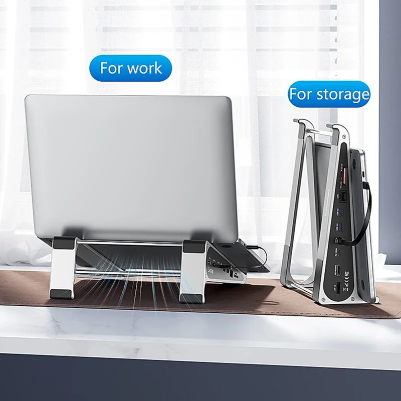 BLUEENDLESS ST709 7 in 1 Laptopstand Type-C Hub met RJ45 + 4K 60Hz HD + PD 100W + 2 USB 3.0 + TF-kaartlezer - Zilvergrijs