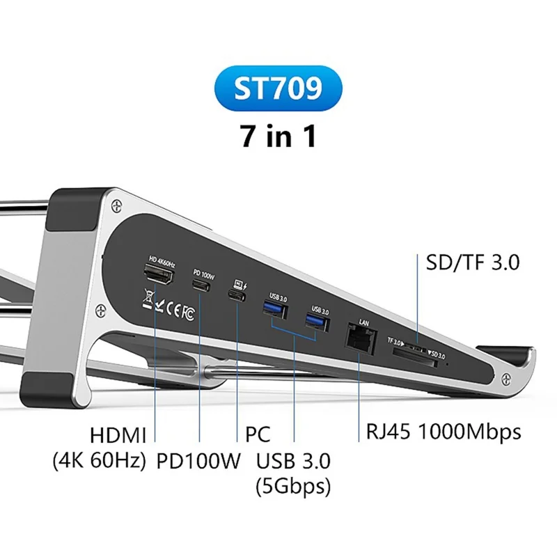 BLUEENDLESS ST709 7 in 1 Laptopstand Type-C Hub met RJ45 + 4K 60Hz HD + PD 100W + 2 USB 3.0 + TF-kaartlezer - Zilvergrijs