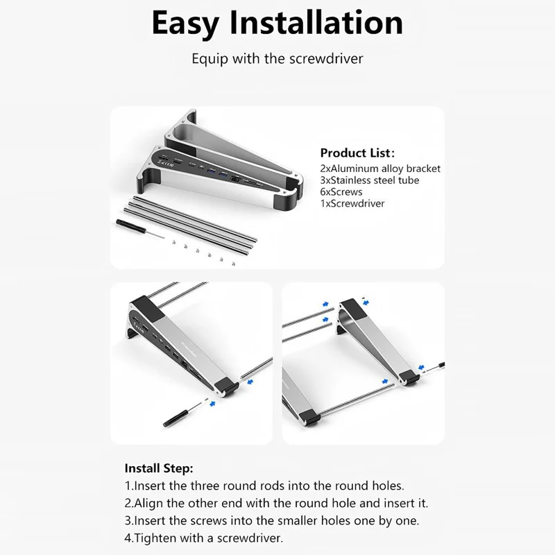 BLUEENDLESS ST709 7 in 1 Laptopstand Type-C Hub met RJ45 + 4K 60Hz HD + PD 100W + 2 USB 3.0 + TF-kaartlezer - Zilvergrijs