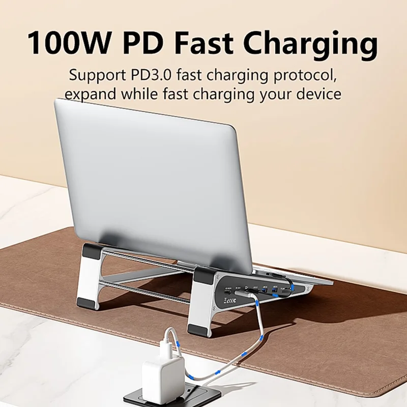 BLUEENDLESS ST708 7 in 1 Laptop Stand Riser Type-C Hub with 4K 60Hz HD + PD 100W + 3 USB 3.0 + TF Card Reader - Silver Grey