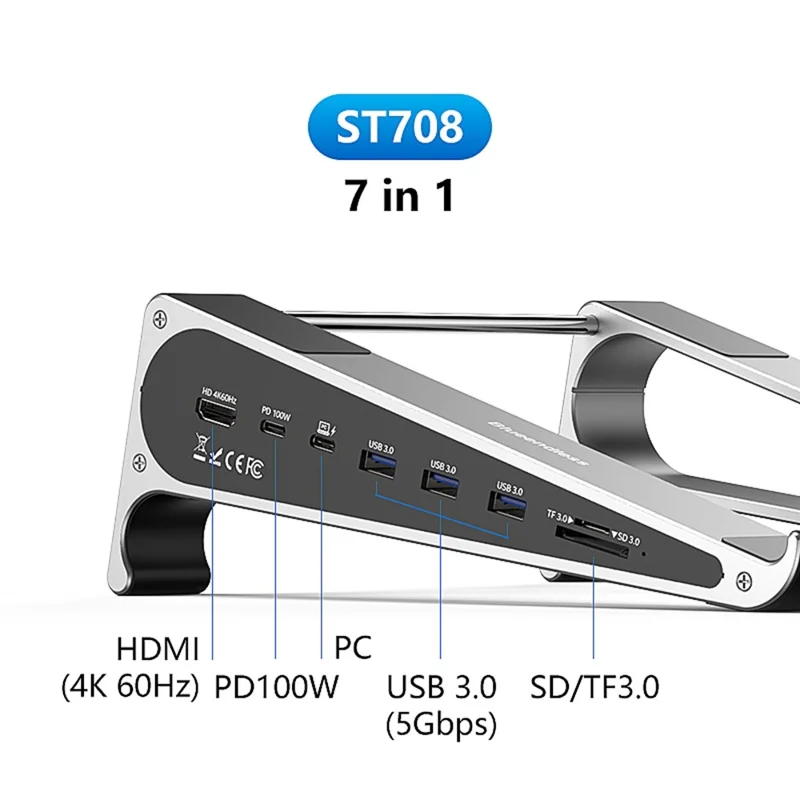 BLUEENDLESS ST708 7 in 1 Laptop Stand Riser Type-C Hub with 4K 60Hz HD + PD 100W + 3 USB 3.0 + TF Card Reader - Silver Grey
