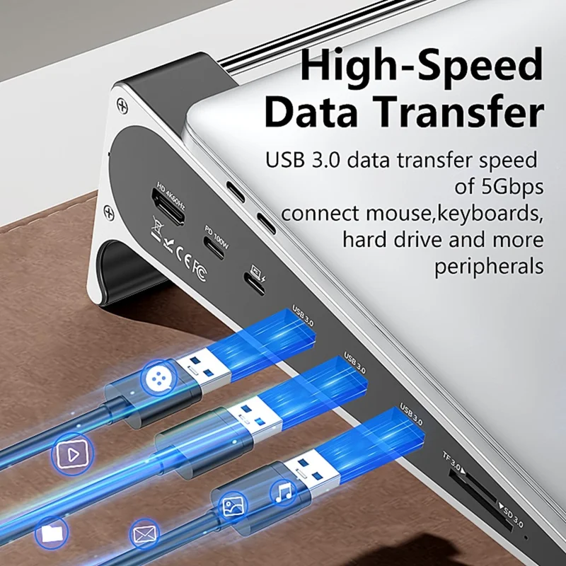 BLUEENDLESS ST708 7 in 1 Laptop Stand Riser Type-C Hub with 4K 60Hz HD + PD 100W + 3 USB 3.0 + TF Card Reader - Silver Grey