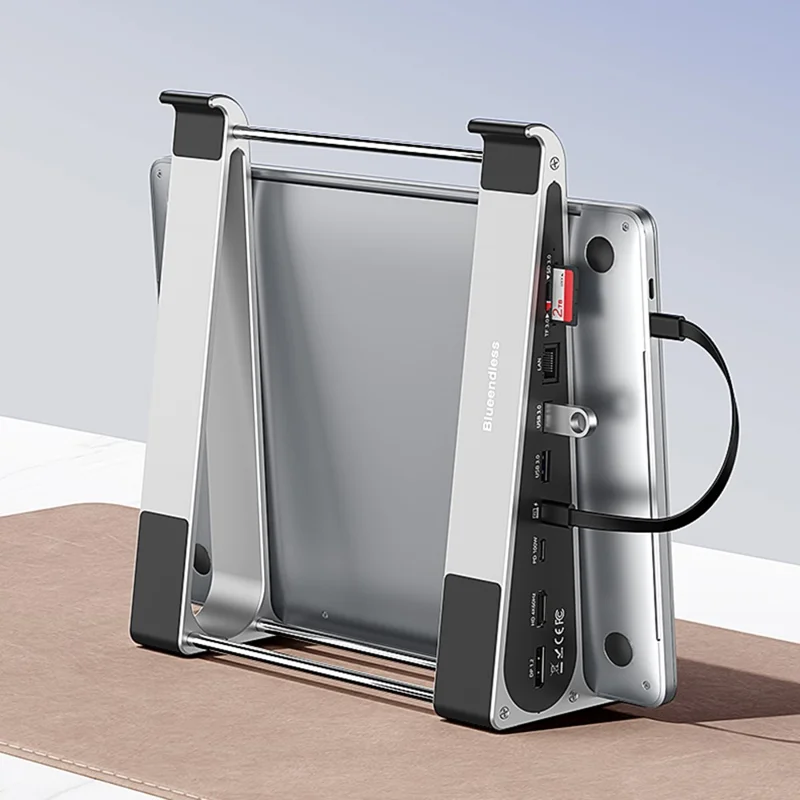 BLUEENDLESS ST708 7 in 1 Laptop Stand Riser Type-C Hub with 4K 60Hz HD + PD 100W + 3 USB 3.0 + TF Card Reader - Silver Grey