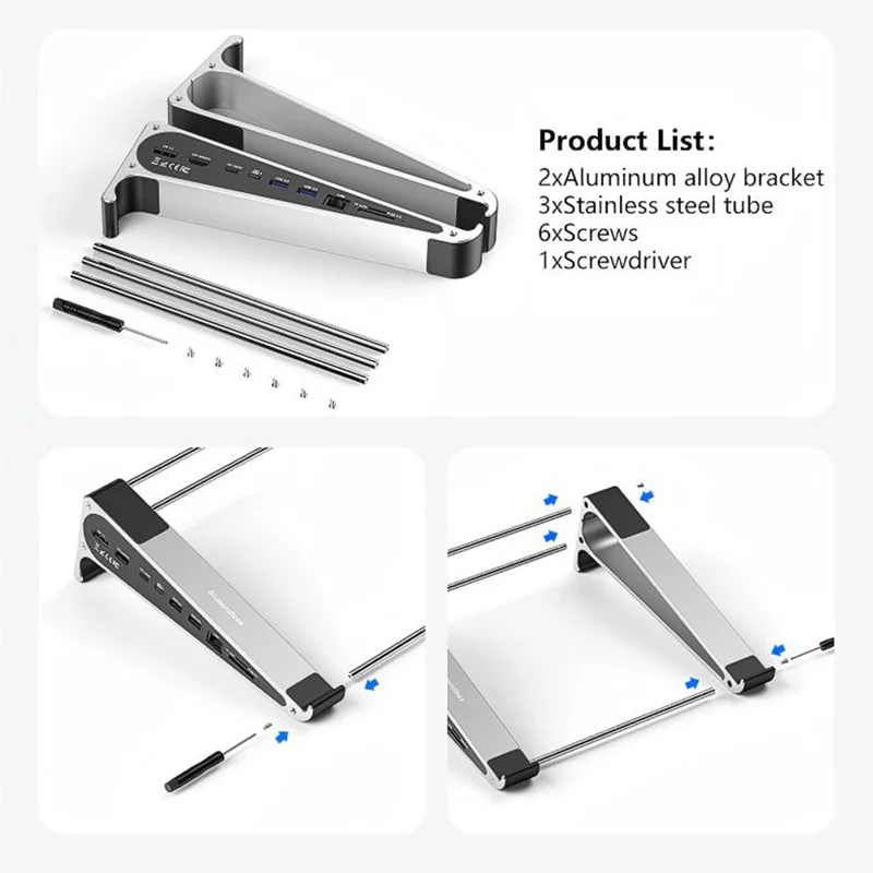BLUEENDLESS ST708 7 in 1 Laptop Stand Riser Type-C Hub with 4K 60Hz HD + PD 100W + 3 USB 3.0 + TF Card Reader - Silver Grey