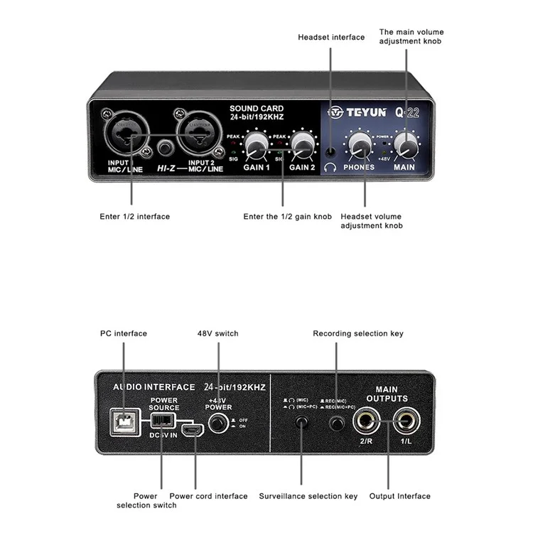 TEYUN Q22 Sound Card USB Karaoke Recording Audio Live Broadcast KTV Sound Card for Live Broadcast, K Songs, Recording, Voice Chatting