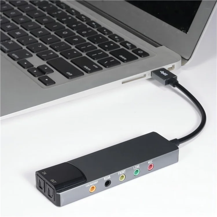 HY-601 6 en 1 Tarjeta de Sonido Multifunción USB USB + Audio de 3.5 mm + 7.1 Canal / Fibra Óptica - Gris