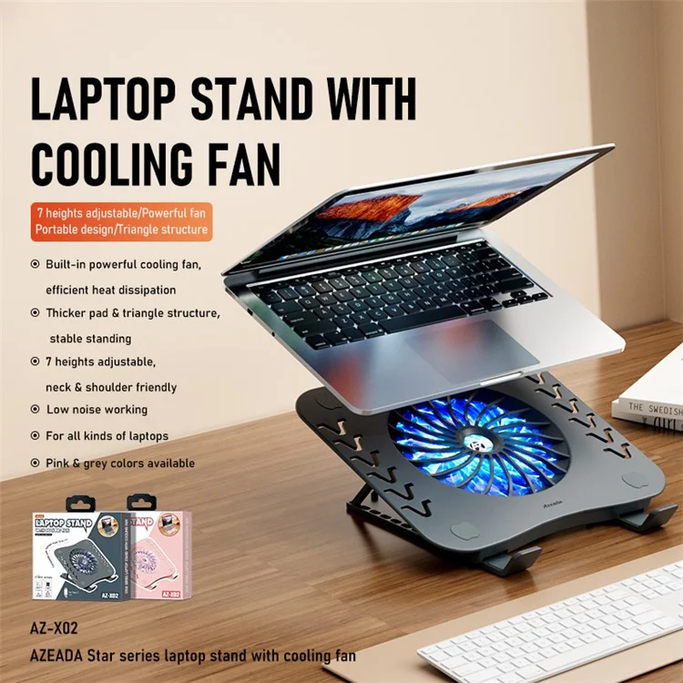 AZEADA AZ-X02 Support de Refroidissement pour Ordinateur Portable Pliable 7 Hauteurs Réglables Support pour Ordinateurs Portables et Tablettes avec Ventilateur de Refroidissement - Gris