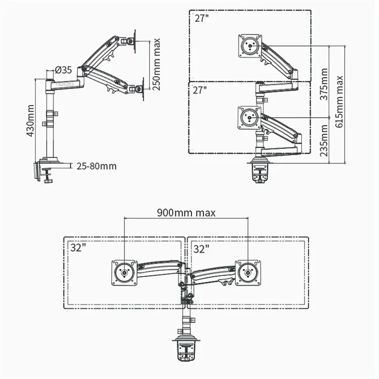 Держатель для ЖК-телевизора/монитора 22"-32" NORTH BAYOU H180 FP-2 + Крепление для ноутбука 10"-17" с газовой пружиной, полноповоротный, двухрычажный, зажимной
