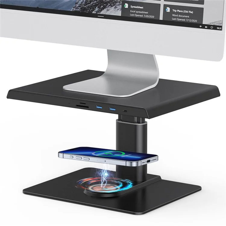 Soporte elevador para monitor de computadora de aleación de aluminio Z10Q, estación de acoplamiento con cargador inalámbrico y centro de conexiones USB