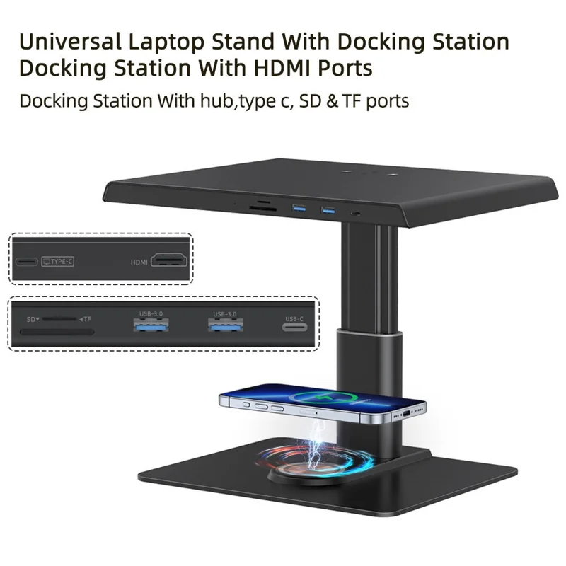 Soporte elevador para monitor de computadora de aleación de aluminio Z10Q, estación de acoplamiento con cargador inalámbrico y centro de conexiones USB