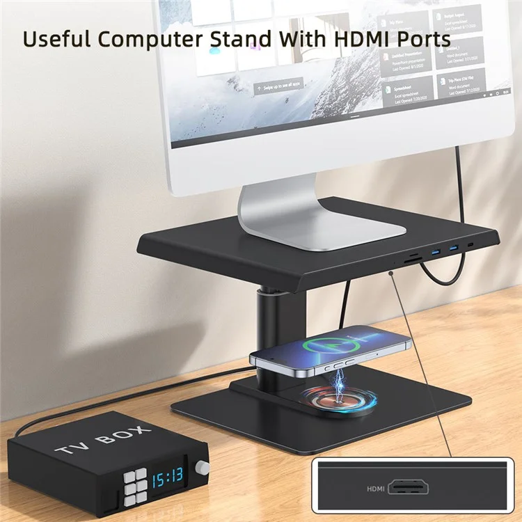 Soporte elevador para monitor de computadora de aleación de aluminio Z10Q, estación de acoplamiento con cargador inalámbrico y centro de conexiones USB