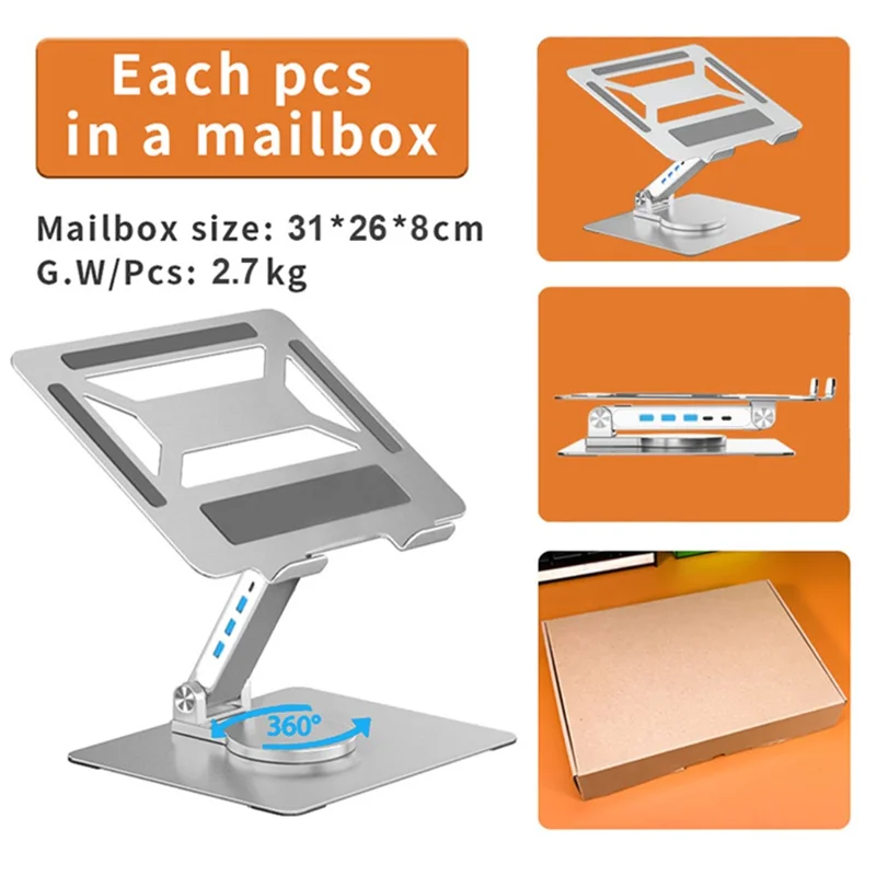 E17SU Aluminum Alloy Laptop Riser Stand Rotatable Bracket 3xUSB + 1xType-C Output USB Hub Docking Station - Silver