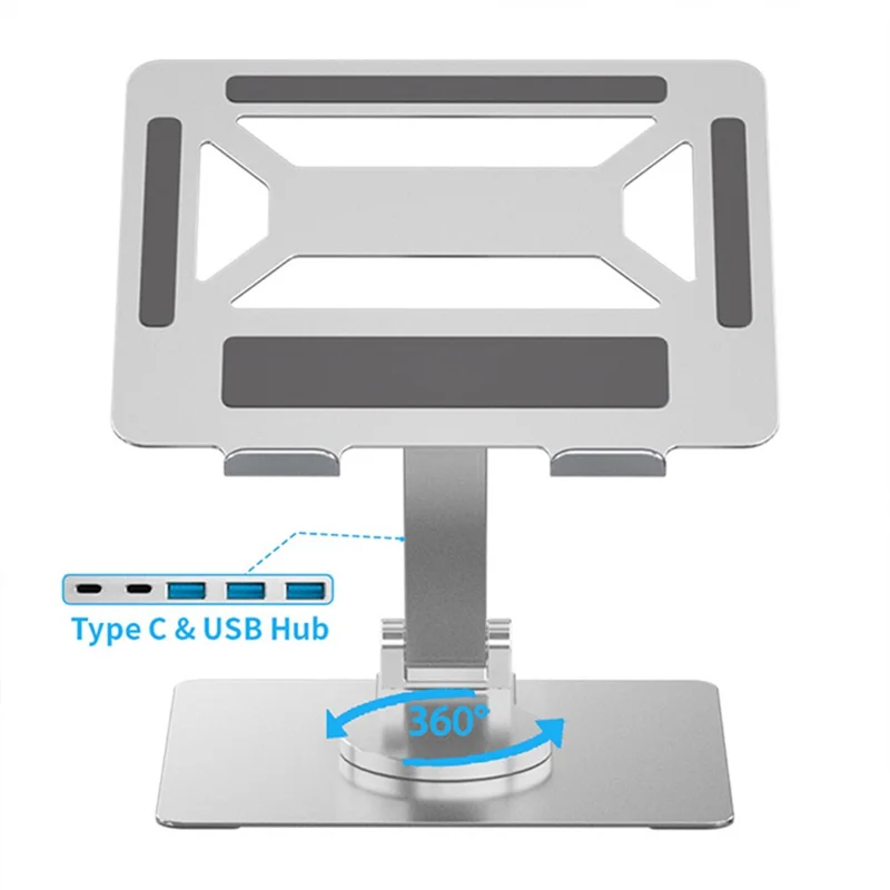 E17SU Aluminum Alloy Laptop Riser Stand Rotatable Bracket 3xUSB + 1xType-C Output USB Hub Docking Station - Silver