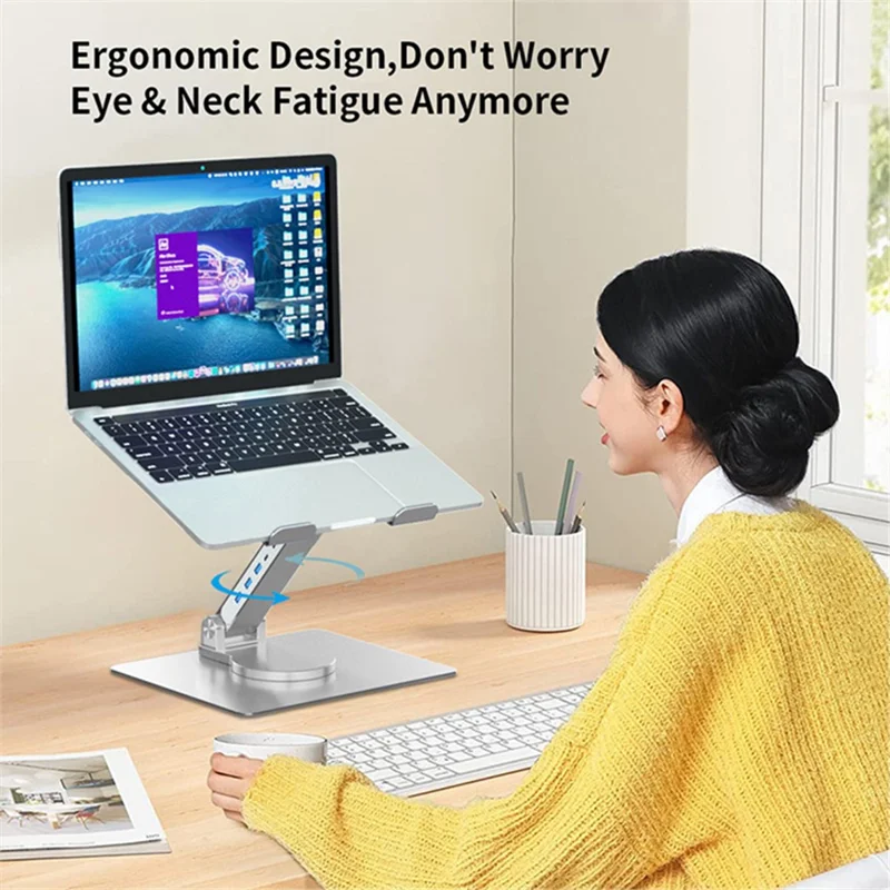 E17SU Aluminum Alloy Laptop Riser Stand Rotatable Bracket 3xUSB + 1xType-C Output USB Hub Docking Station - Silver