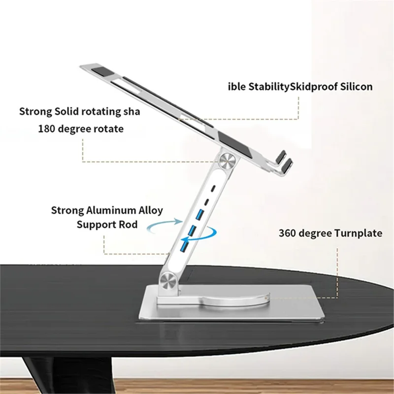 E17SU Aluminum Alloy Laptop Riser Stand Rotatable Bracket 3xUSB + 1xType-C Output USB Hub Docking Station - Silver