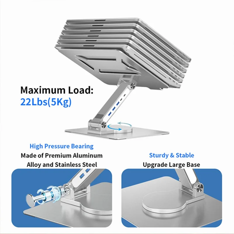 E17SU Aluminum Alloy Laptop Riser Stand Rotatable Bracket 3xUSB + 1xType-C Output USB Hub Docking Station - Silver