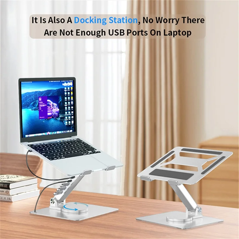 E17SU Aluminum Alloy Laptop Riser Stand Rotatable Bracket 3xUSB + 1xType-C Output USB Hub Docking Station - Silver
