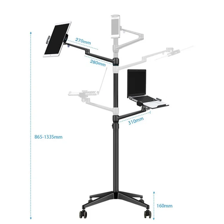 UP-9L Dual Arm Lifting Bodenständer mit Rädern für Smartphone / Tablet / Laptop - Silber