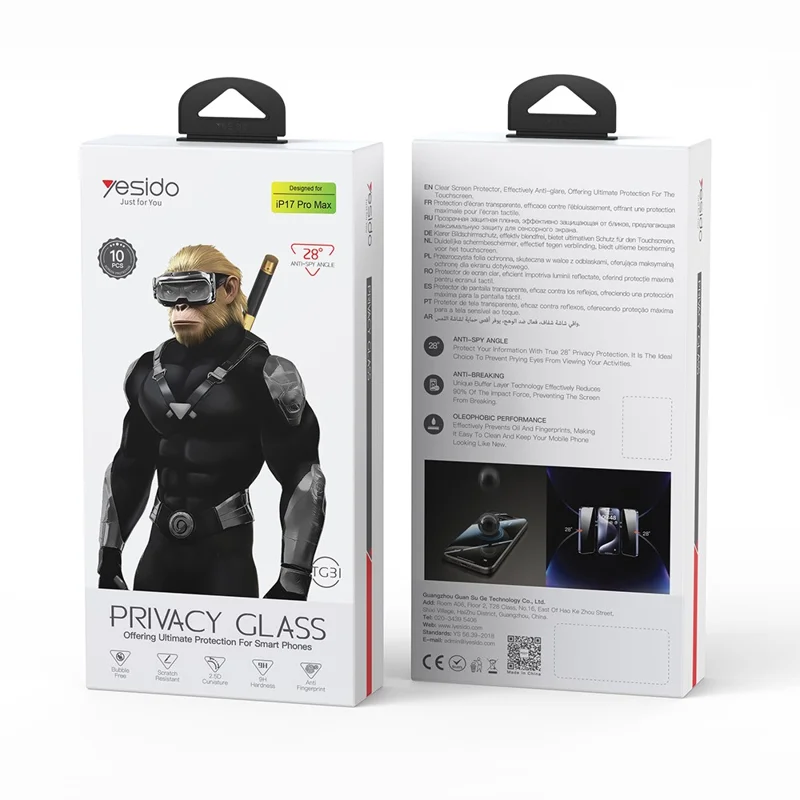 YESIDO TG31 10 Unidades/Juego para iPhone 17 Pro Max Protector de Pantalla de Privacidad 9H de Dureza Vidrio Templado Anti-huellas