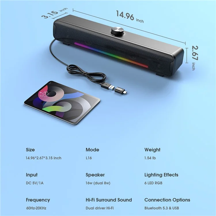 ONIKUMA L16 Wired Desktop Soundbar Speaker RGB Light HiFi Music Subwoofer Support Bluetooth-compatible Connection