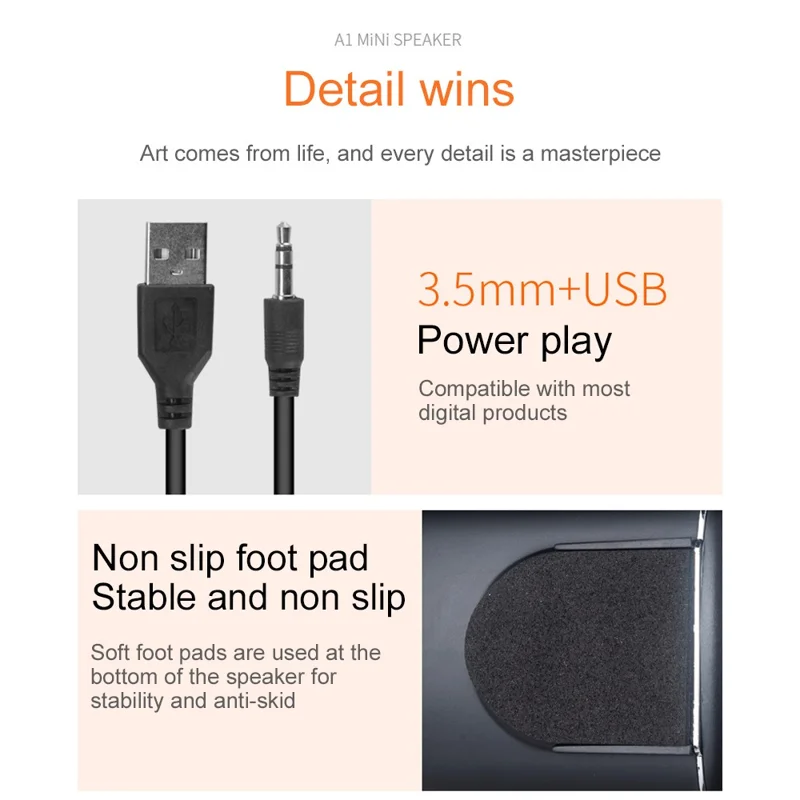 EZEEY A1 One Pair 3.5mm+USB Mini Square Wired Speaker Computer Multimedia Desktop Speaker Box for Tablet, Laptop, Phone - White