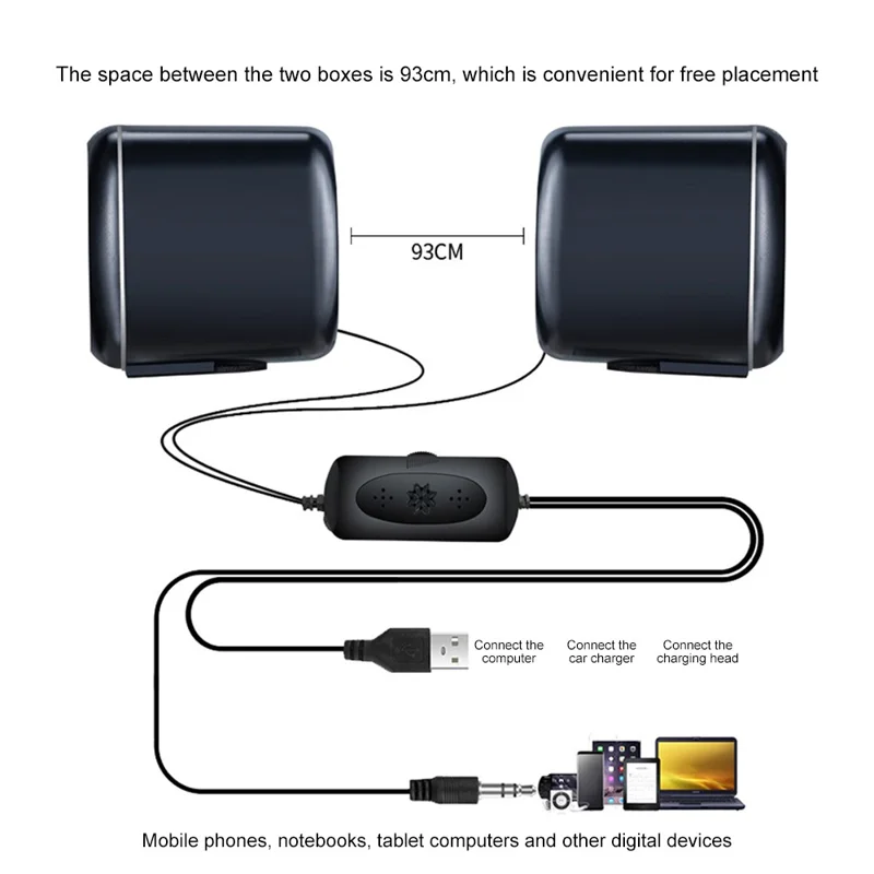 EZEEY A1 One Pair 3.5mm+USB Mini Square Wired Speaker Computer Multimedia Desktop Speaker Box for Tablet, Laptop, Phone - White