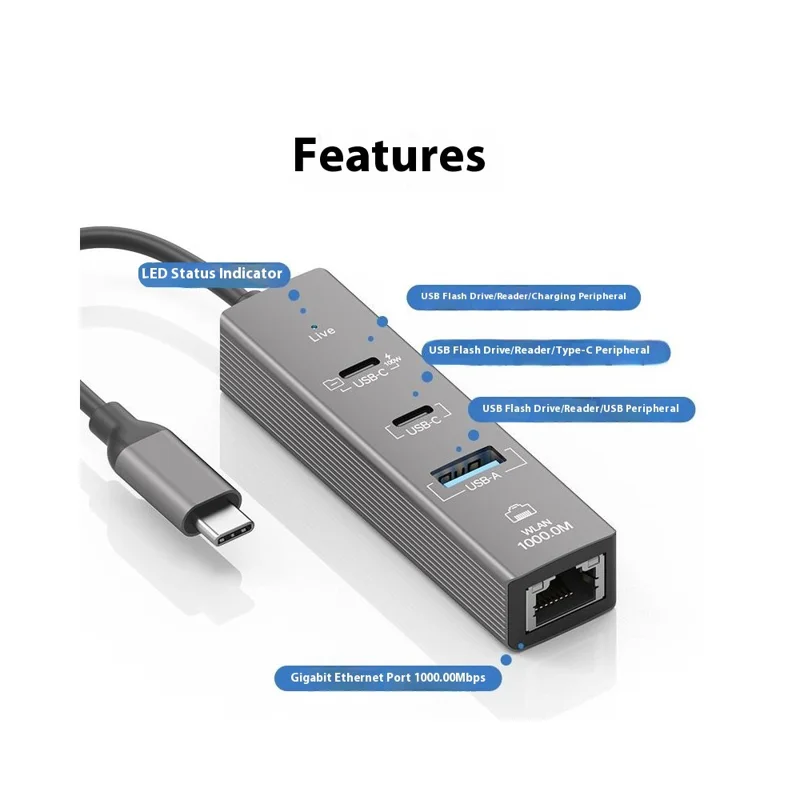 4 in 1 Gigabit Ethernet Adapter 1000 Mbps LAN USB 3.0 Data Transfer PD 100W Charging Type C Hub