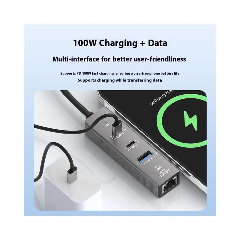 4 in 1 Gigabit Ethernet Adapter 1000 Mbps LAN USB 3.0 Data Transfer PD 100W Charging Type C Hub