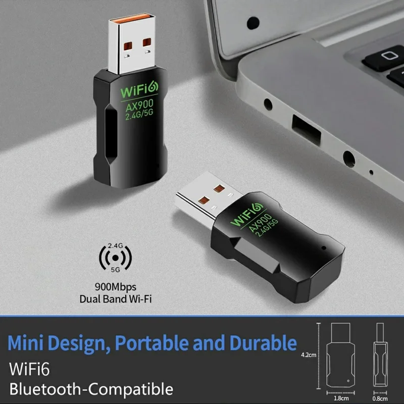 AX900 WiFi 6 Smart Network Adapter 900Mbps Bluetooth-Compatible 5.4 Driver-Free Wireless USB WiFi Dongle for Win 10 / 11