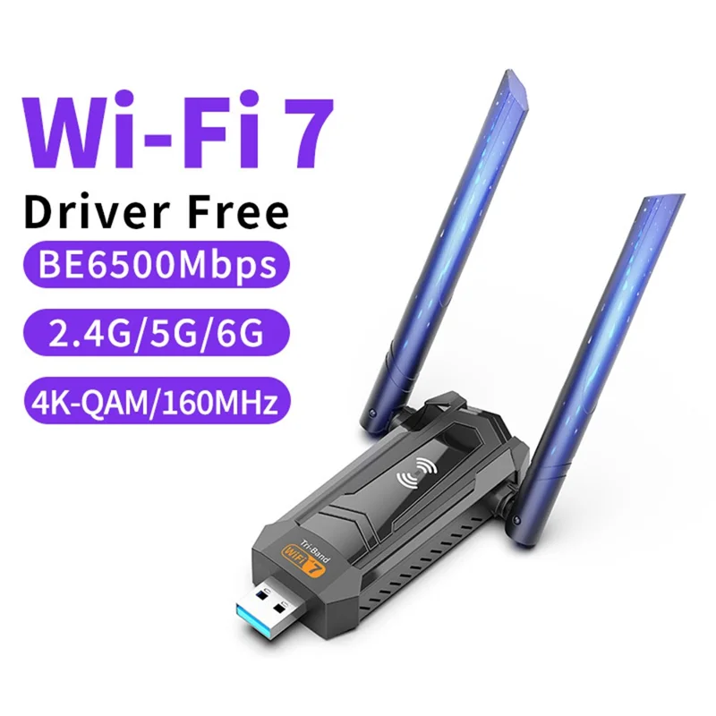 WiFi 7 Wireless Network Card USB 3.0 High Speed BE6500Mbps WiFi Adapter for PC  /  Laptop Plug and Play