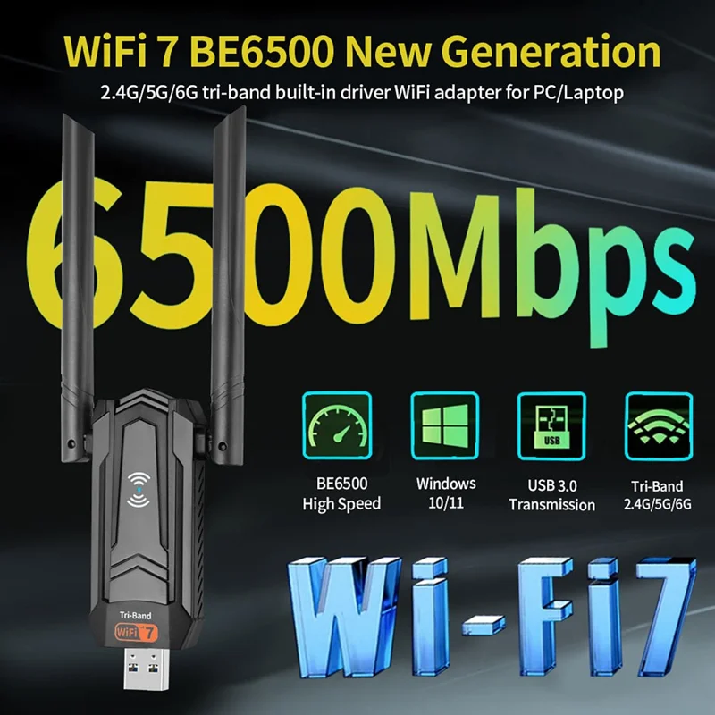 WiFi 7 Wireless Network Card USB 3.0 High Speed BE6500Mbps WiFi Adapter for PC  /  Laptop Plug and Play