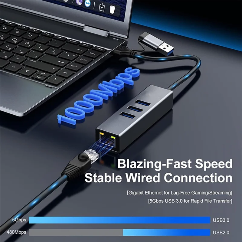 Concentrador USB 4 en 1 USB-A / Tipo-C a RJ45 Ethernet Gigabit 3x USB 3.0 5 Gbps para portátil